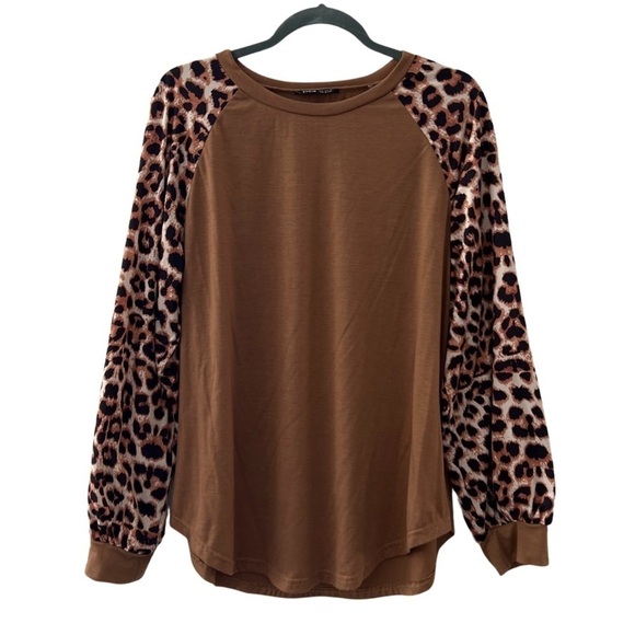 Leopard Print Brown Color Block Long Sleeve Top Blouse - Picture 3 of 6